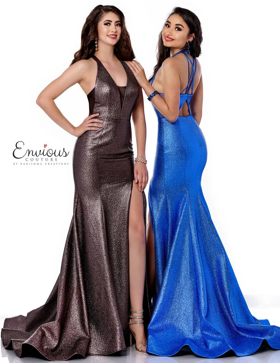 ENVIOUS Couture 1741 Royal Blue Shimmer Fit-N-Flare Dress with Slit