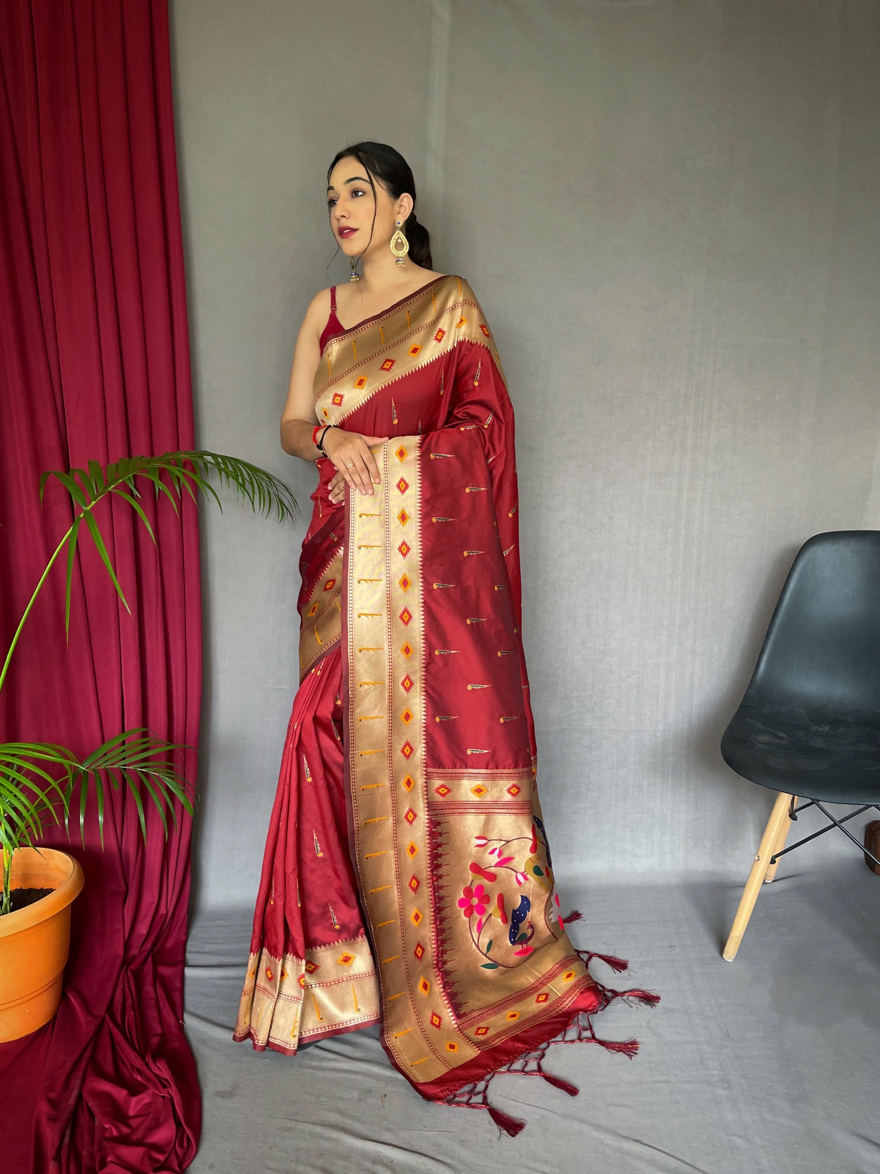 Falu Red Saree in Paithani Silk