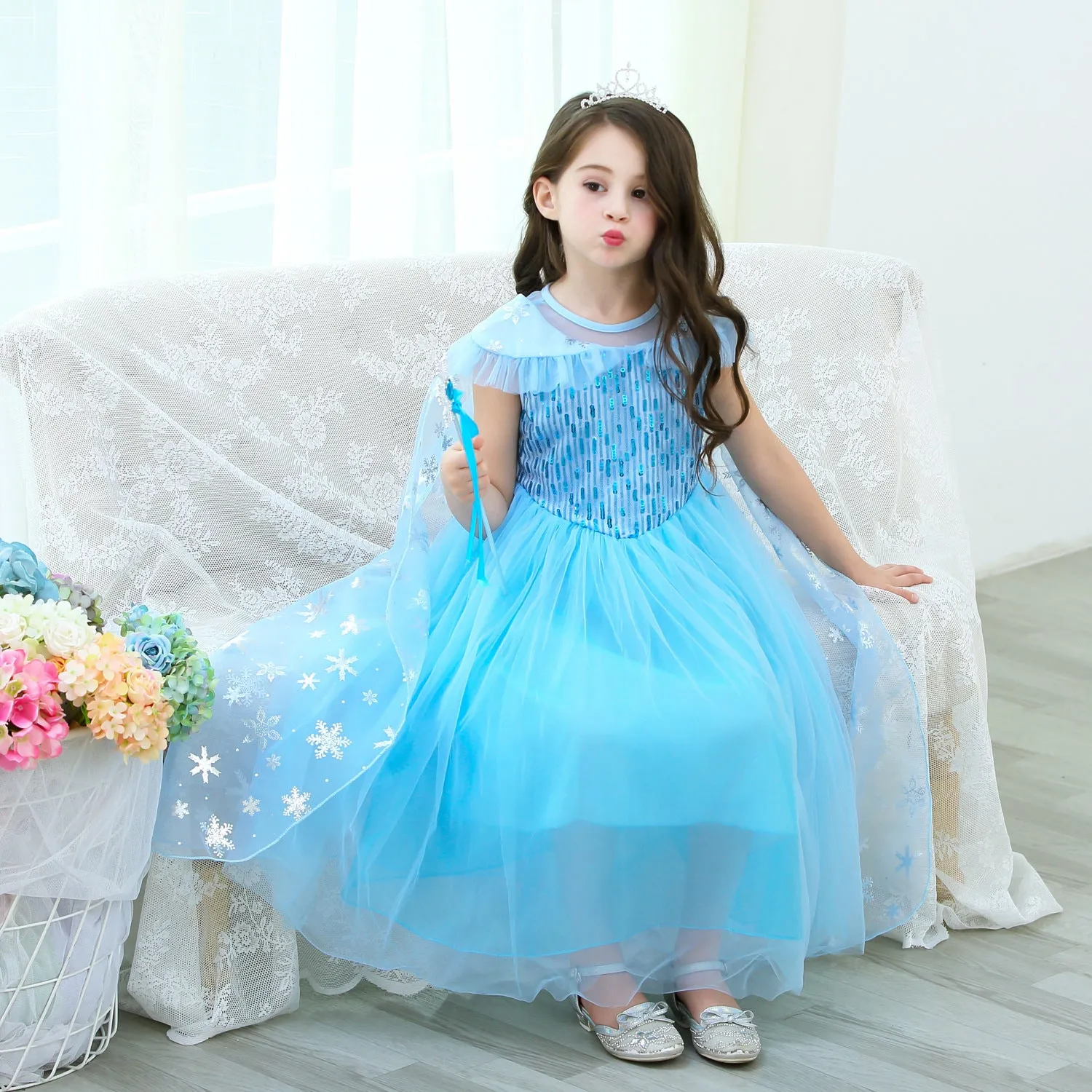 Fancydresswale Princess Elsa Party Dress with,Crown,Necklace,Earrings,Gloves Accessories 3-8 Years