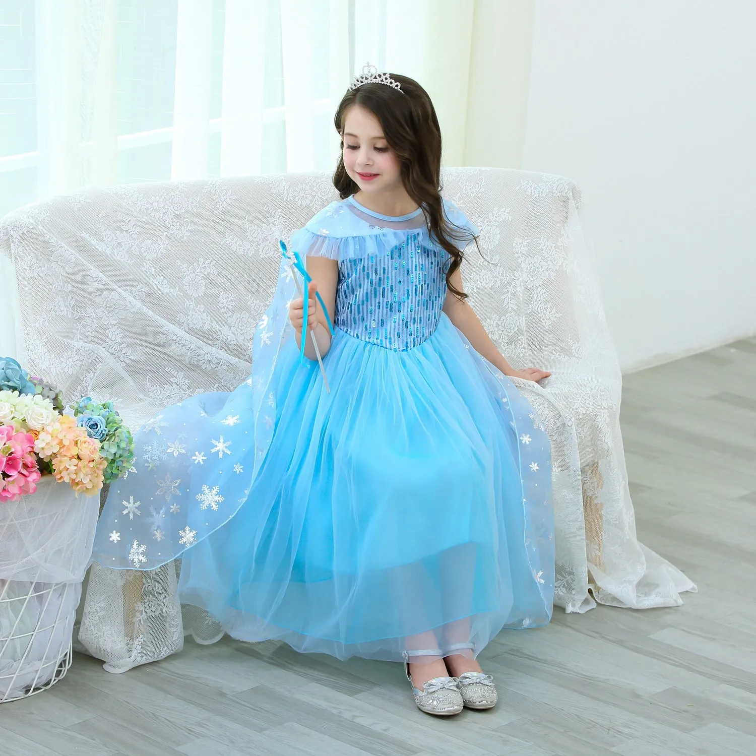 Fancydresswale Princess Elsa Party Dress with,Crown,Necklace,Earrings,Gloves Accessories 3-8 Years