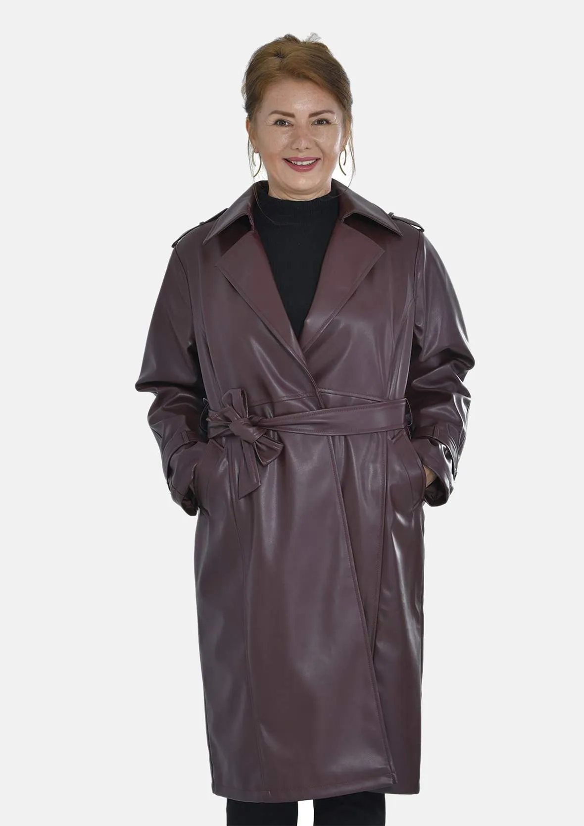 Faux Leather Coat With Tie Belt