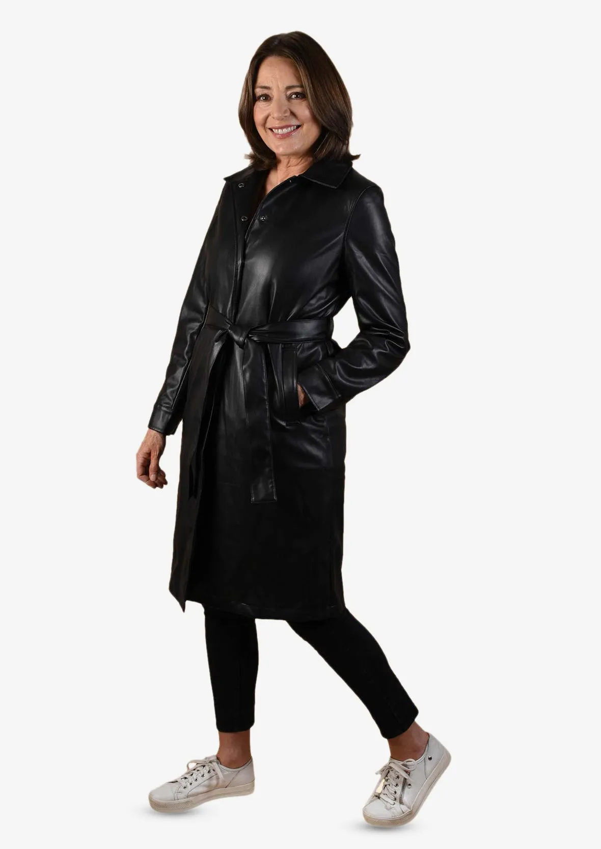 Faux Leather Coat With Tie Belt