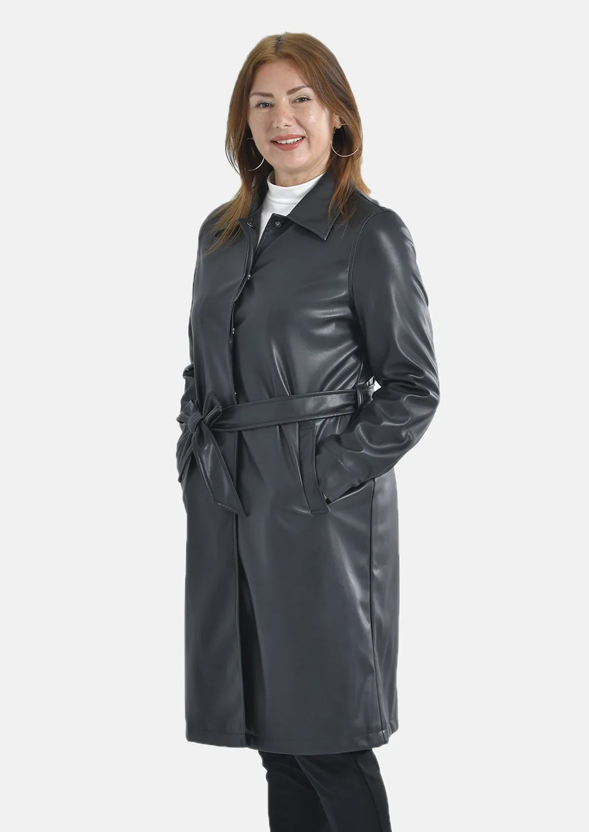 Faux Leather Coat With Tie Belt