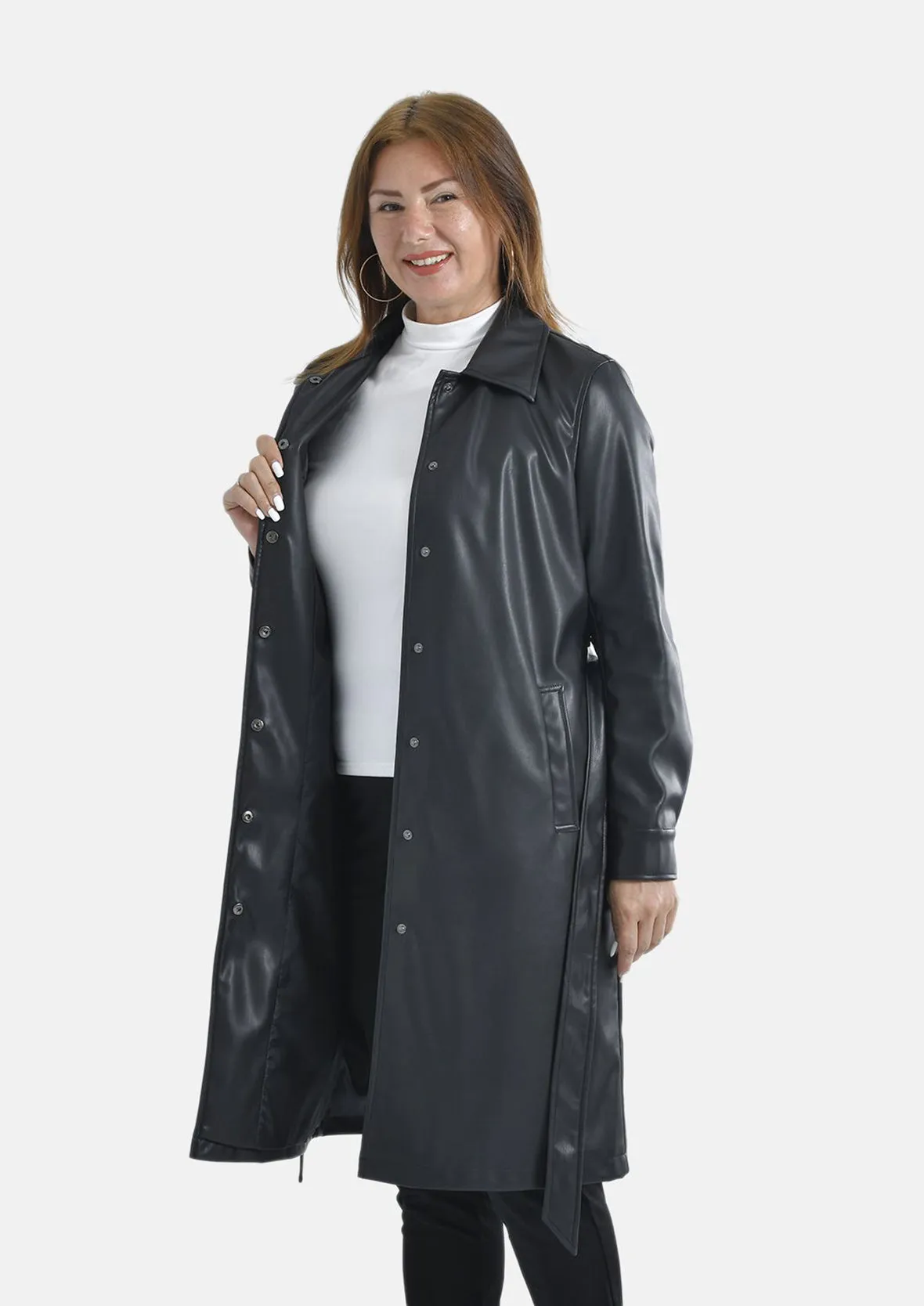 Faux Leather Coat With Tie Belt