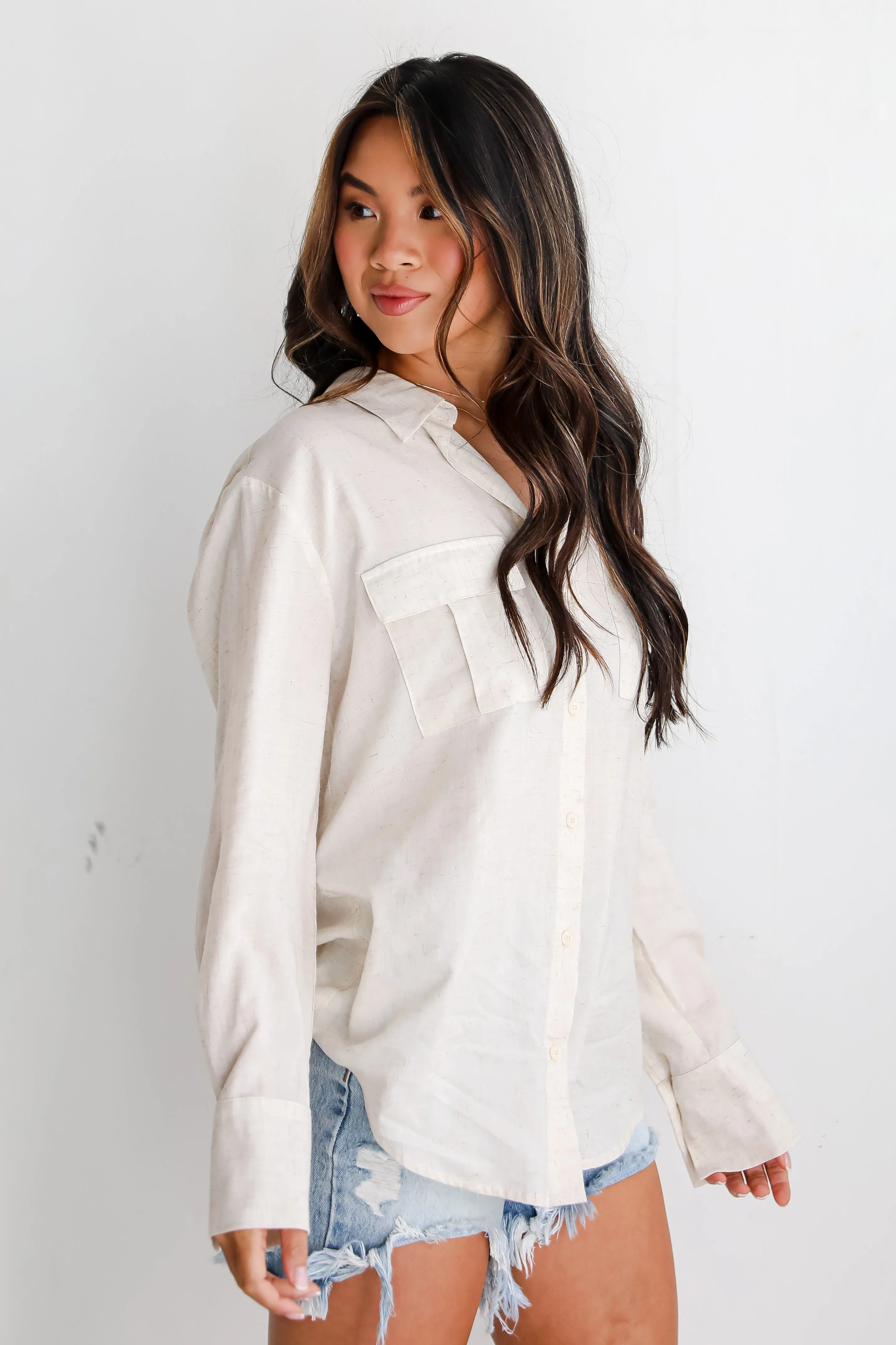 FINAL SALE - Pleasant Vibes Oatmeal Linen Button-Up Blouse