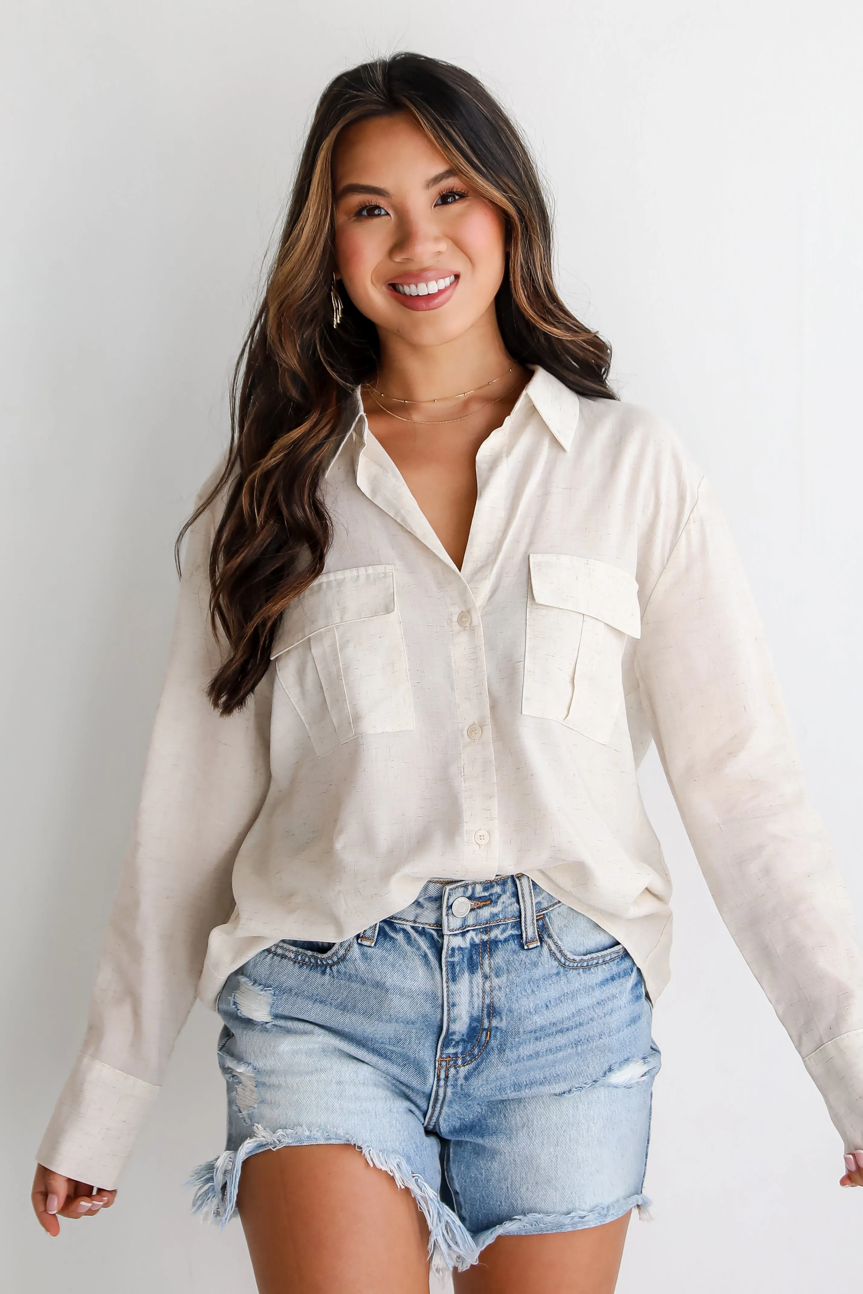 FINAL SALE - Pleasant Vibes Oatmeal Linen Button-Up Blouse