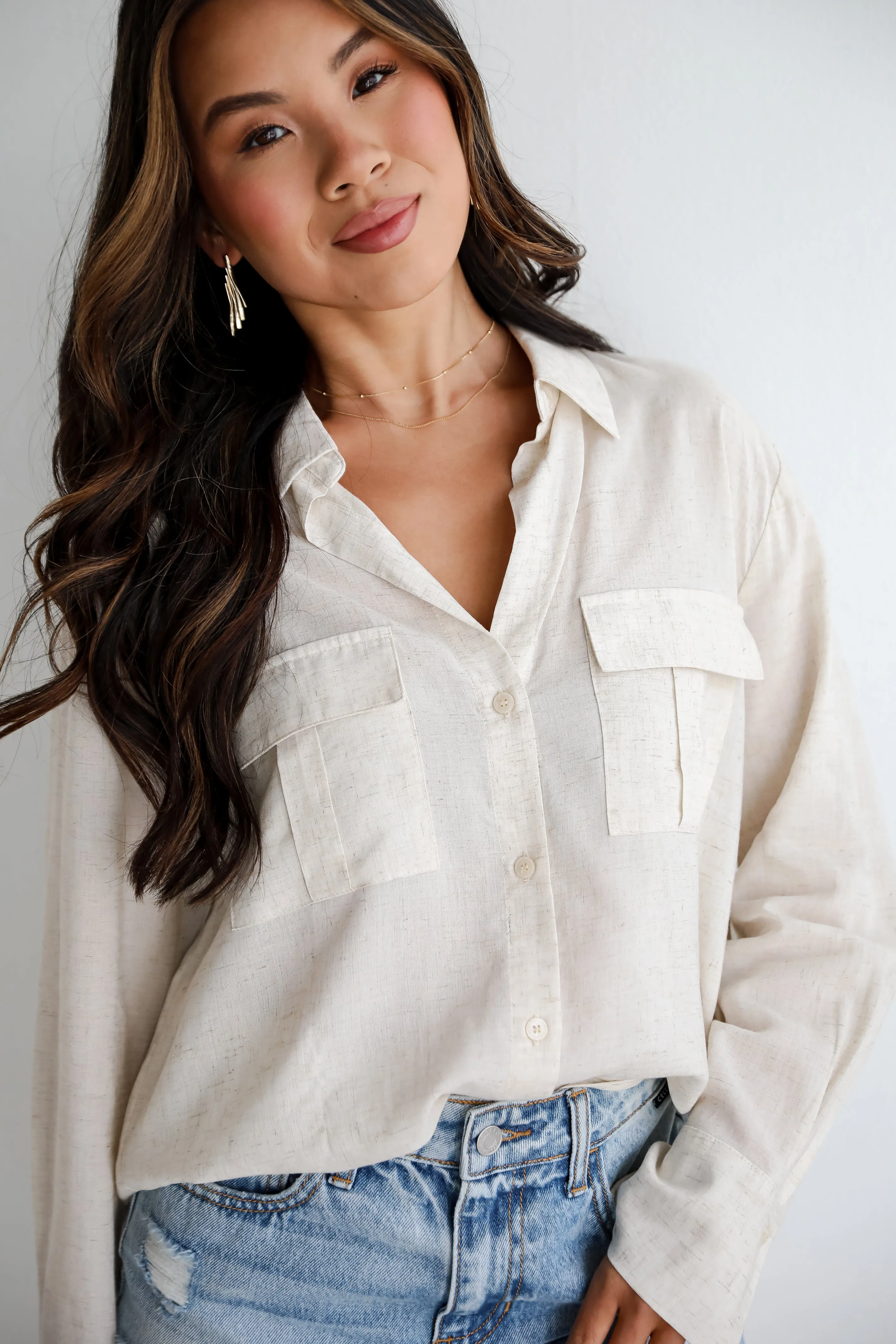 FINAL SALE - Pleasant Vibes Oatmeal Linen Button-Up Blouse