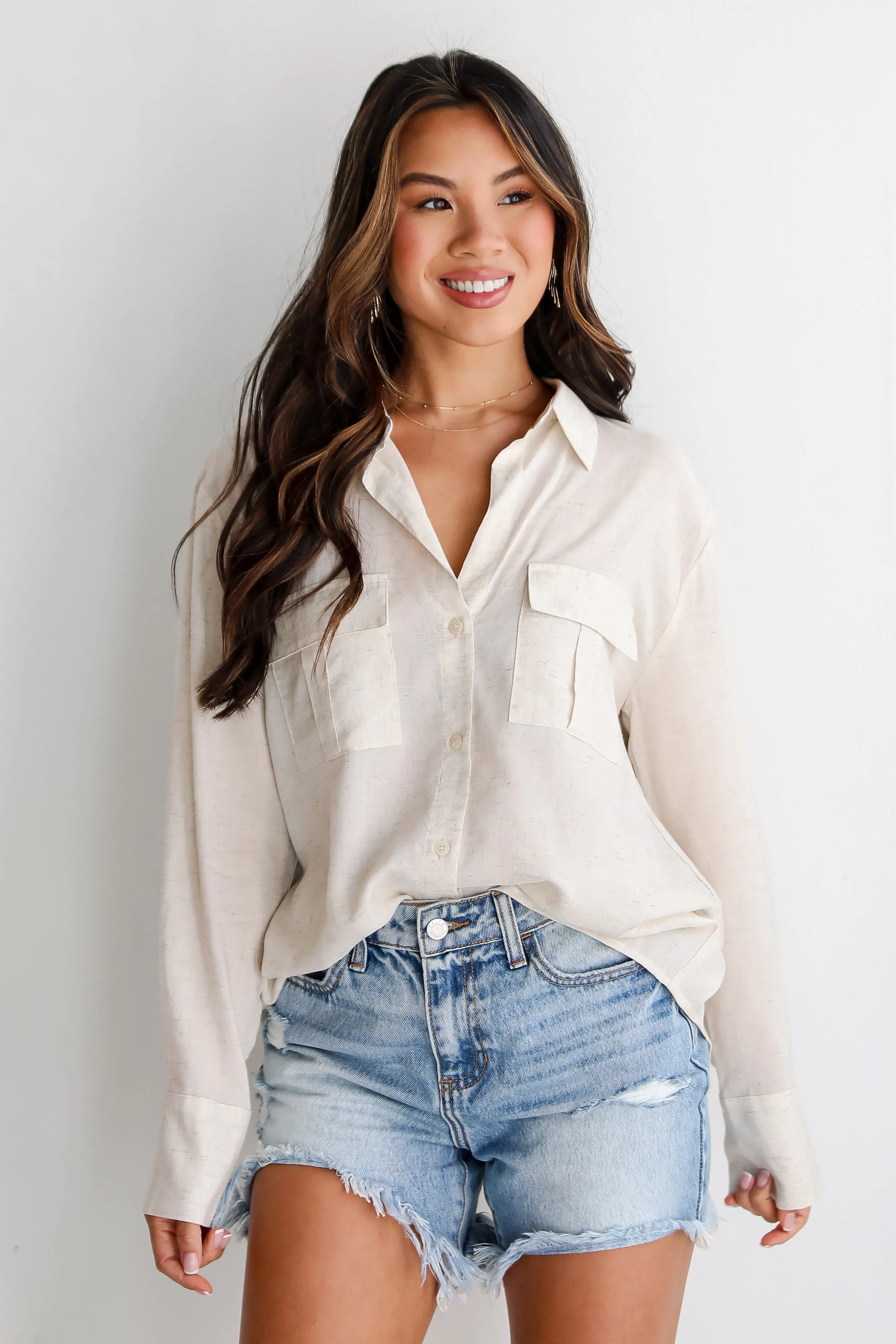 FINAL SALE - Pleasant Vibes Oatmeal Linen Button-Up Blouse