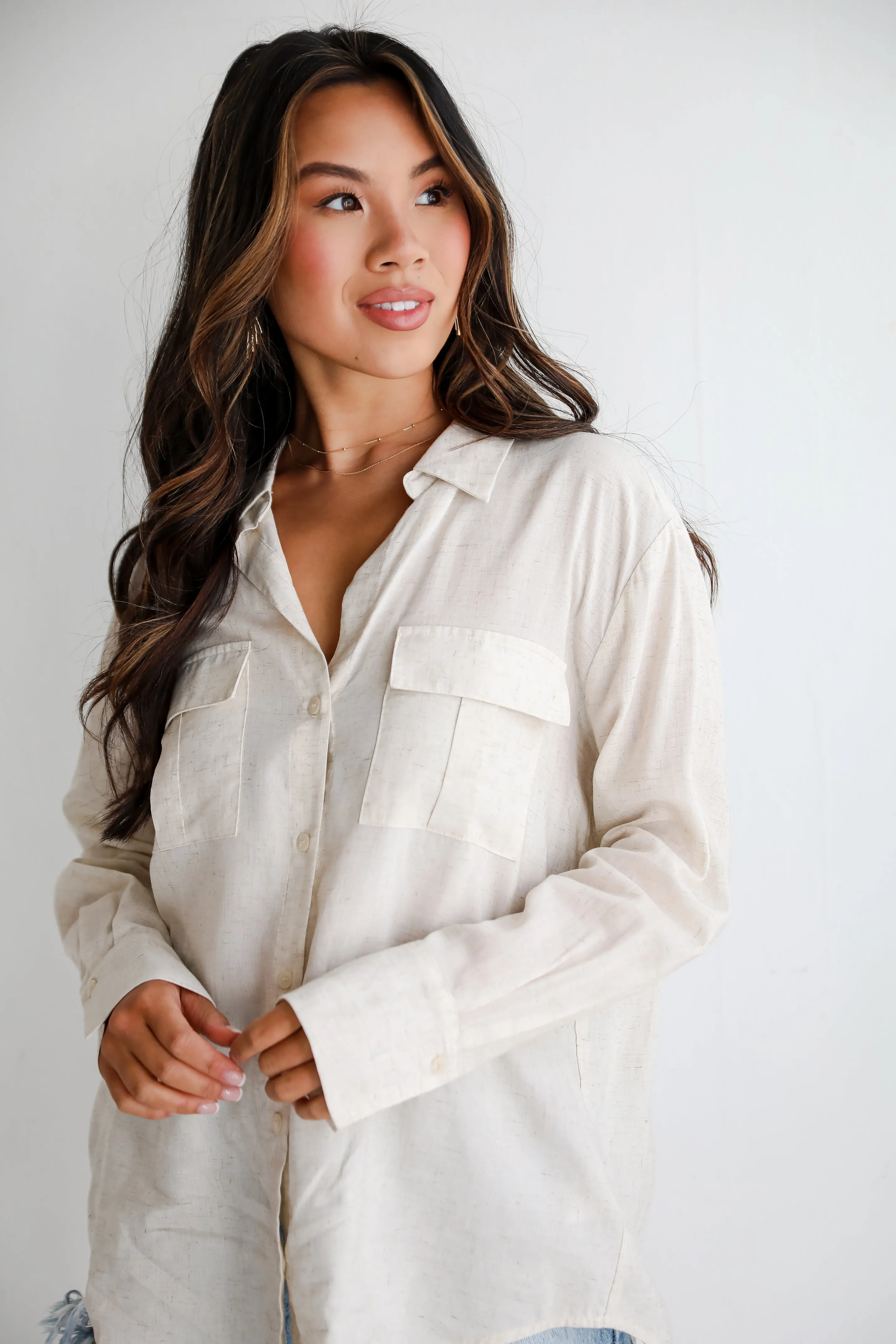 FINAL SALE - Pleasant Vibes Oatmeal Linen Button-Up Blouse