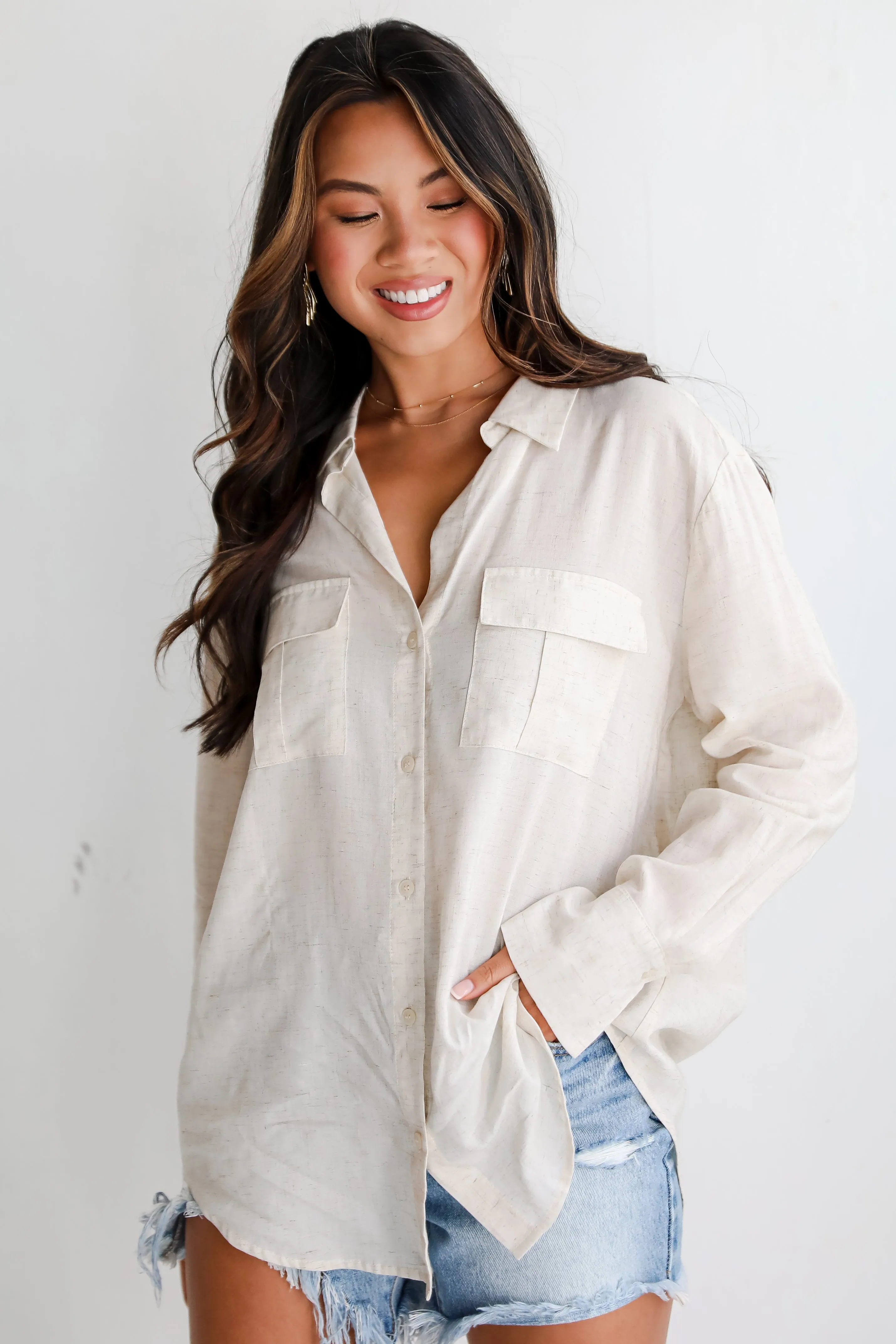 FINAL SALE - Pleasant Vibes Oatmeal Linen Button-Up Blouse