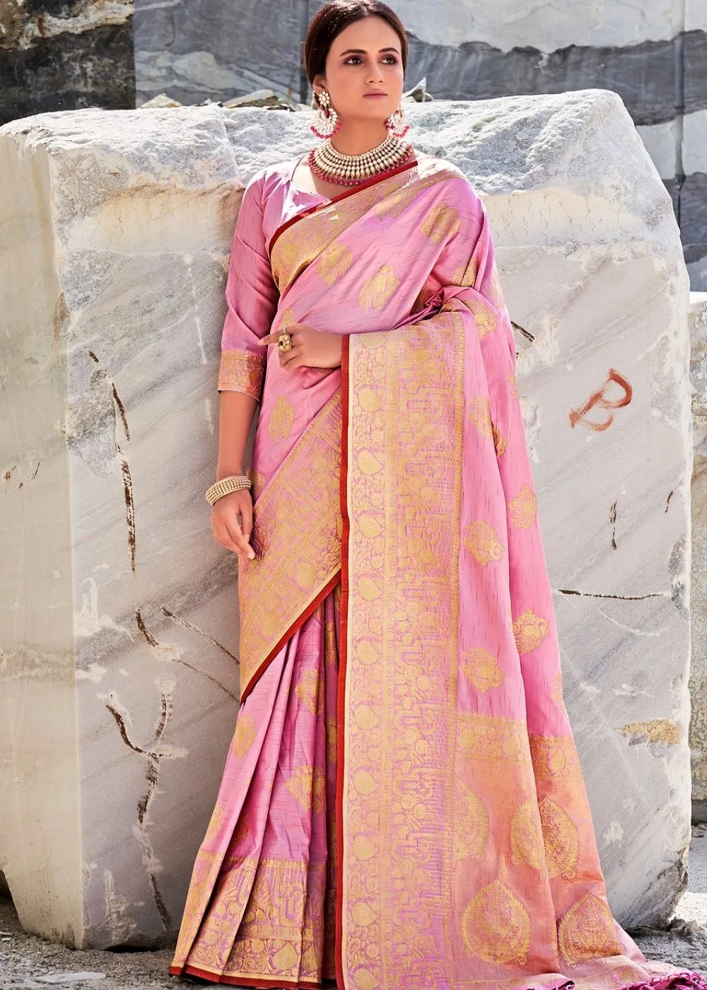 Flamingo Pink Woven Designer Silk Saree with Butti overall