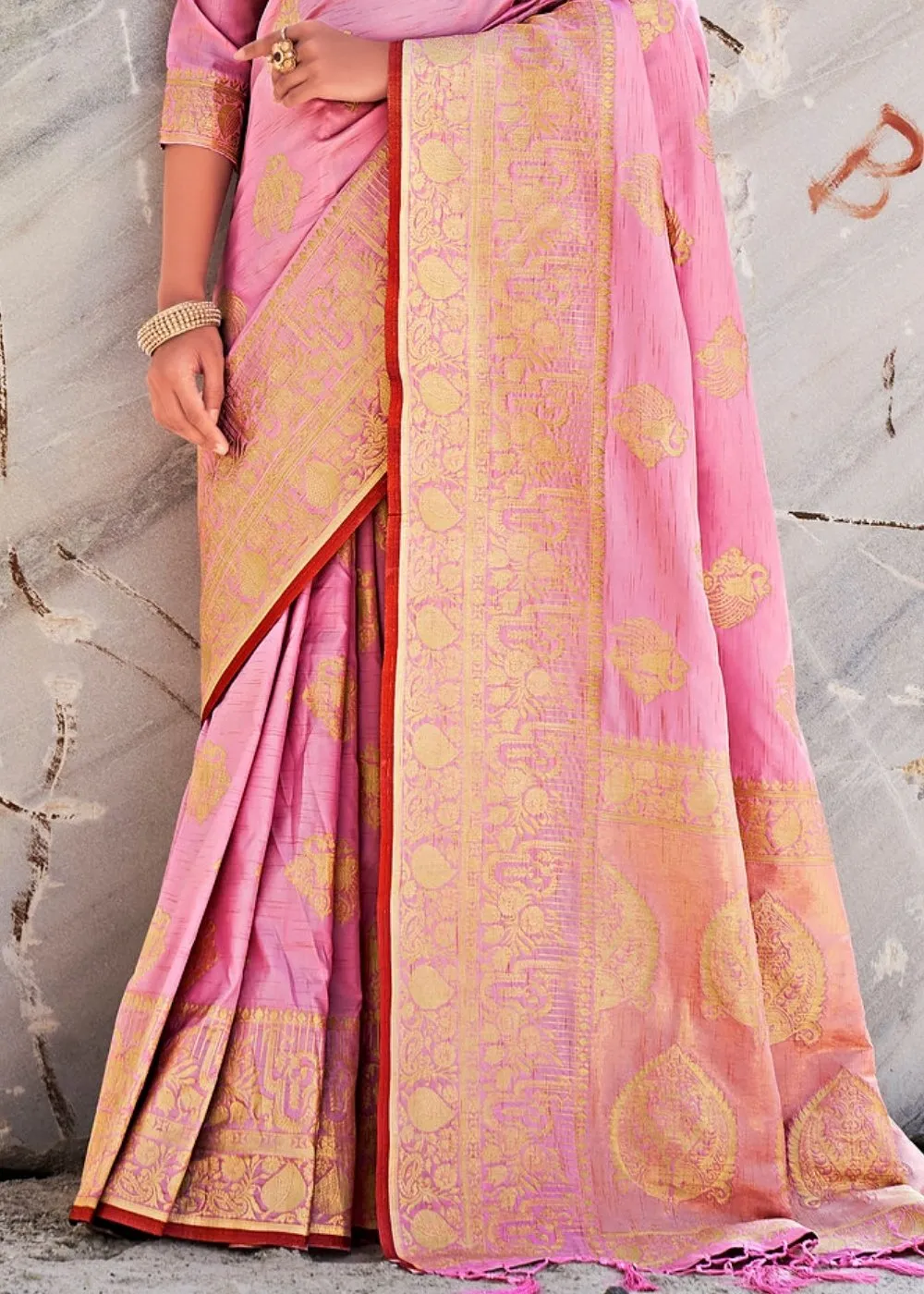 Flamingo Pink Woven Designer Silk Saree with Butti overall