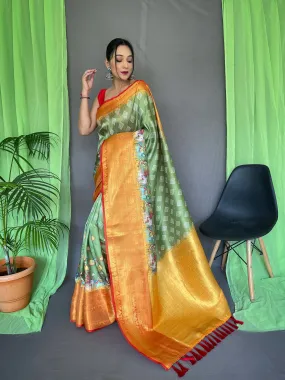 Flat Green Saree in Bandhej Kalamkari Print