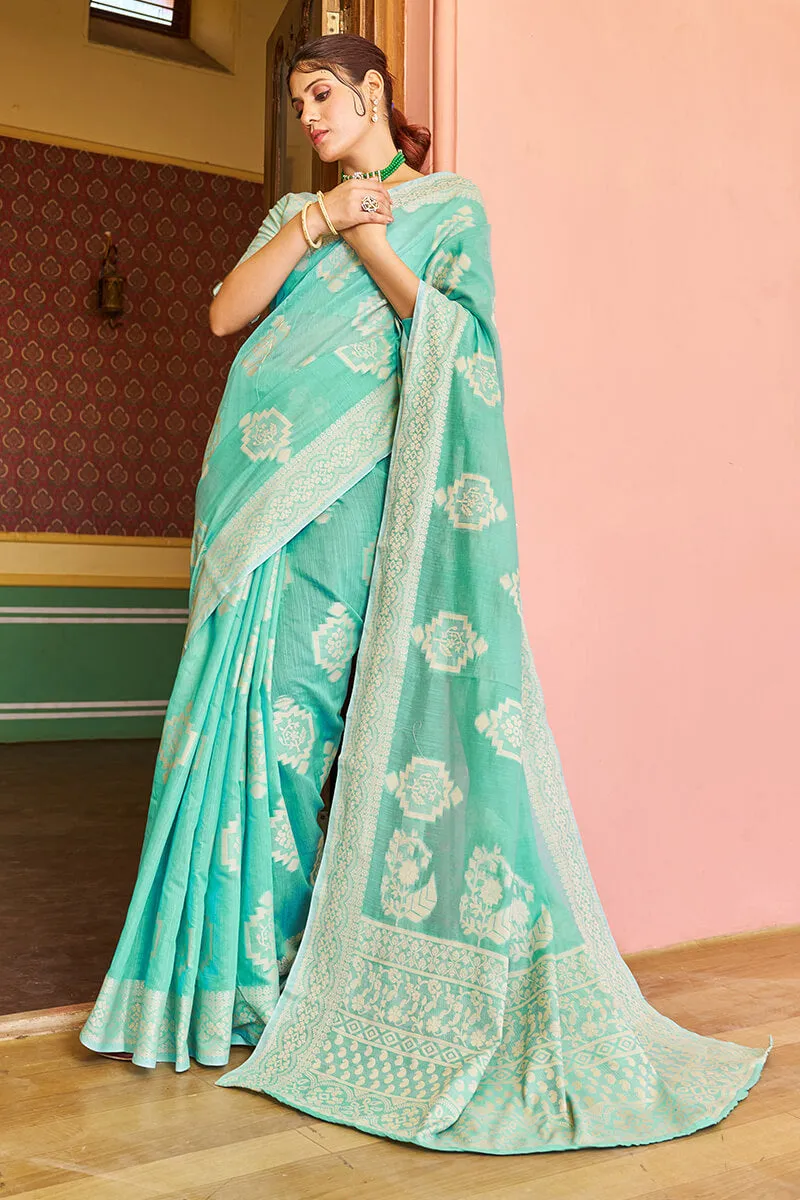 Forbearance Turquoise Linen Silk Saree With Lagniappe Blouse Piece