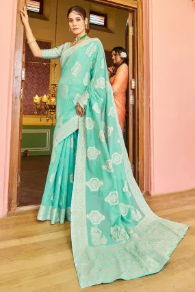 Forbearance Turquoise Linen Silk Saree With Lagniappe Blouse Piece