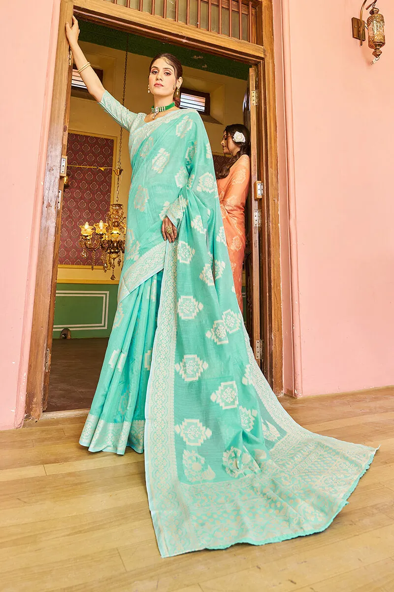 Forbearance Turquoise Linen Silk Saree With Lagniappe Blouse Piece