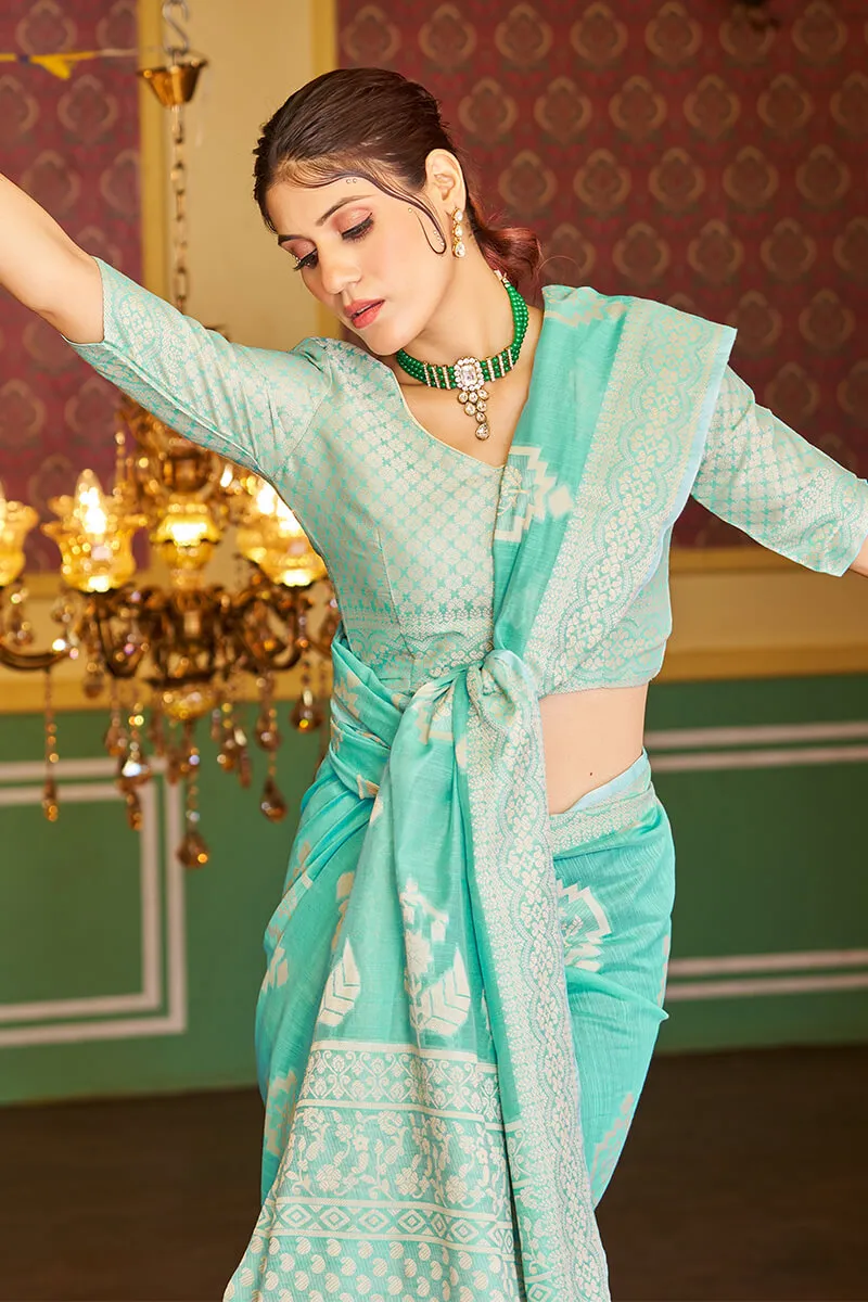 Forbearance Turquoise Linen Silk Saree With Lagniappe Blouse Piece