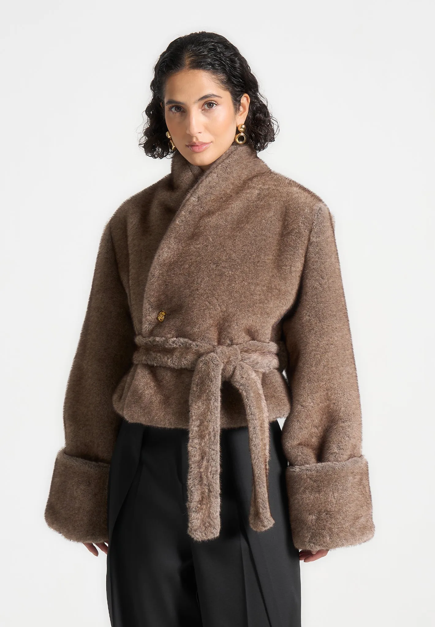 Fur Kimono Tie Jacket - Brown