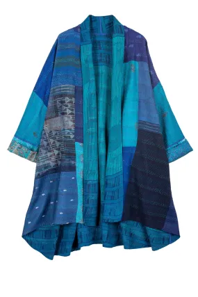 GEORGETTE VINTAGE SILK PATCH KANTHA KIMONO LONG JKT - gs2005-blu -