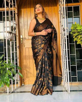 Girlish Black Soft Banarsi Silk Saree With Designer Blouse Piece