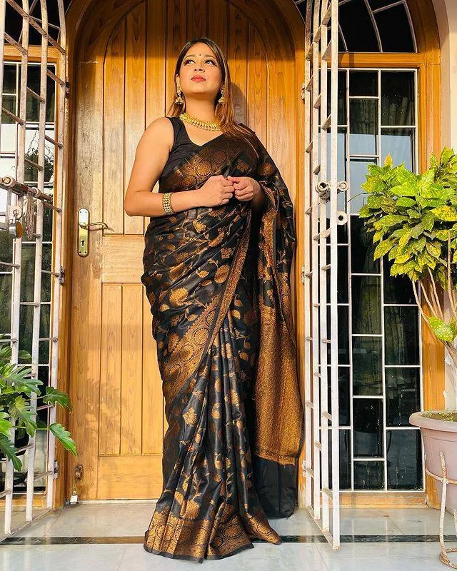 Girlish Black Soft Banarsi Silk Saree With Designer Blouse Piece