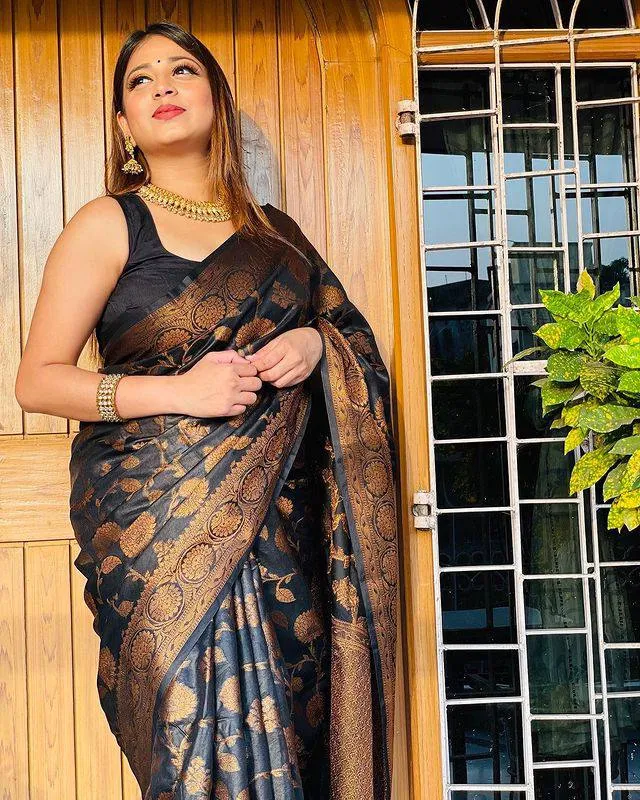 Girlish Black Soft Banarsi Silk Saree With Designer Blouse Piece