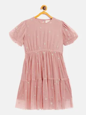 Girls Dusty Pink Mesh Lurex Tiered Dress