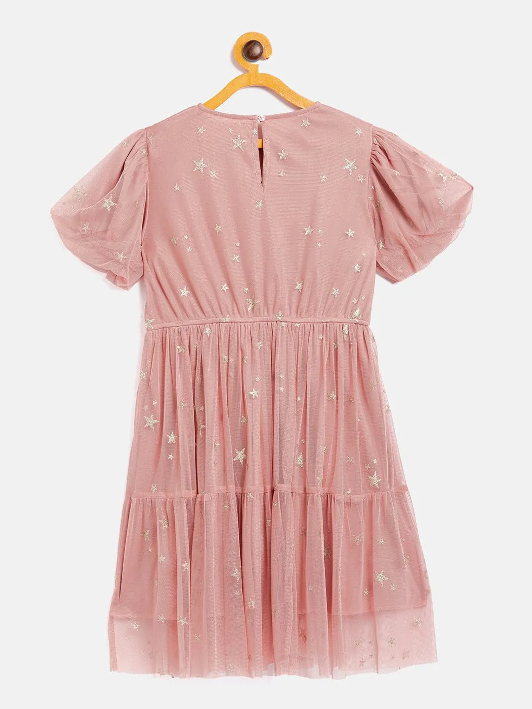 Girls Dusty Pink Mesh Lurex Tiered Dress