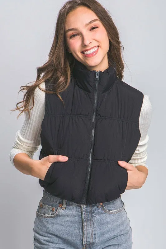 High Neck Crop Zip Up Puffer Vest