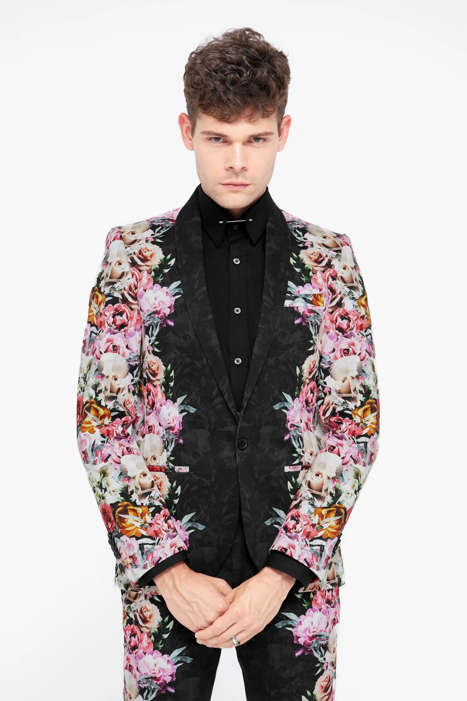 Ikeda Slim Fit Black Cotton Floral Suit