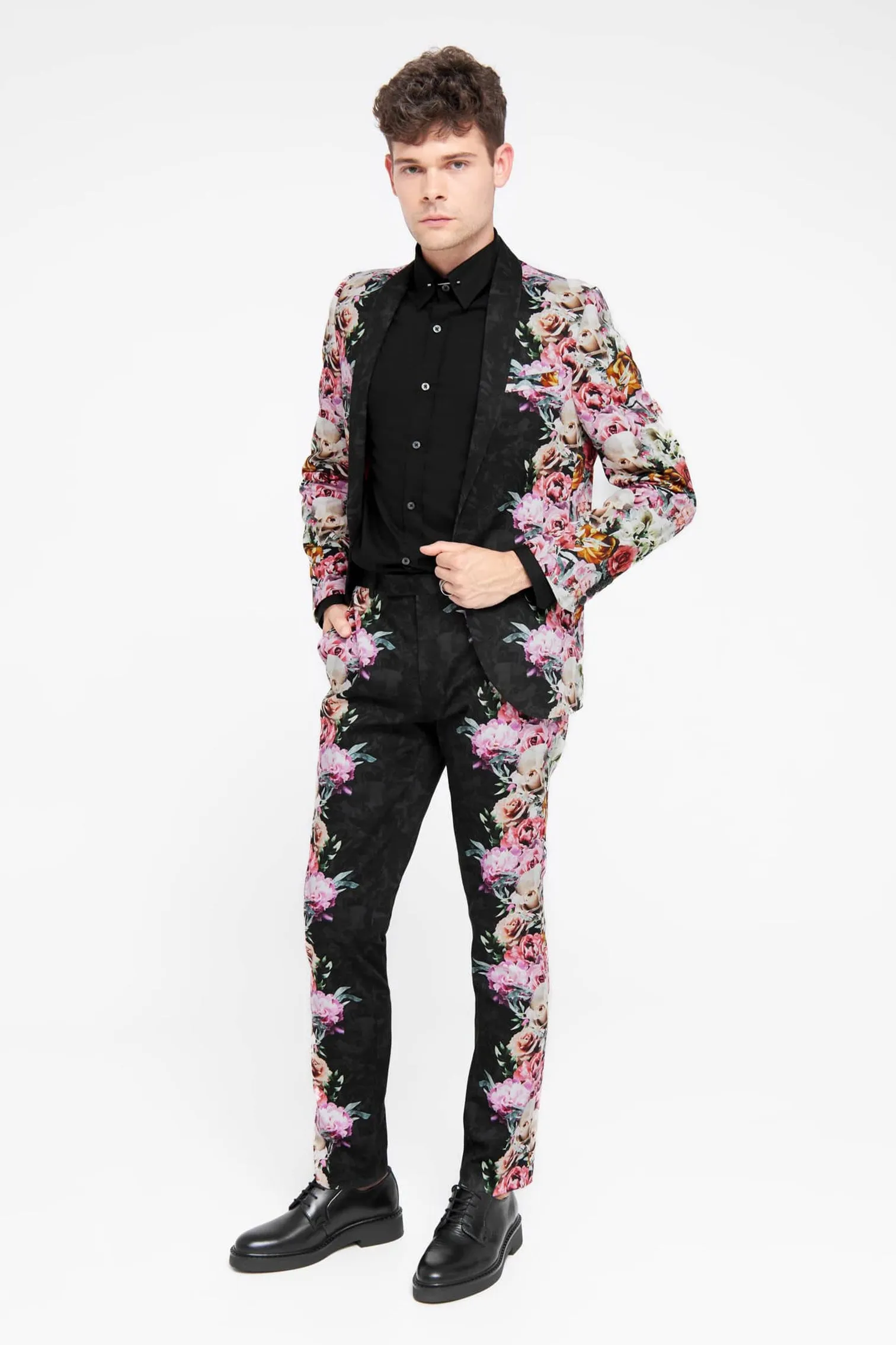 Ikeda Slim Fit Black Cotton Floral Suit