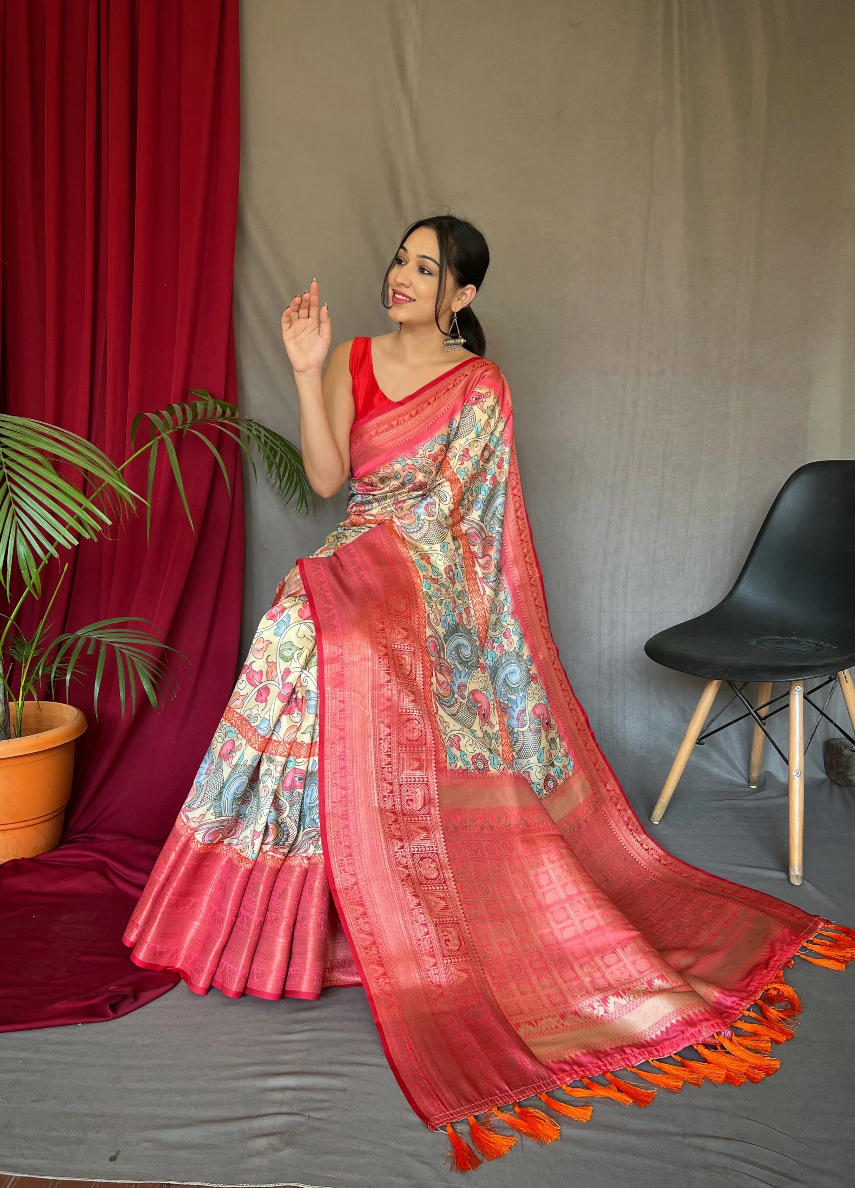 Ivory Cream Saree in Banarasi Silk Woven with Kalamkari Prints