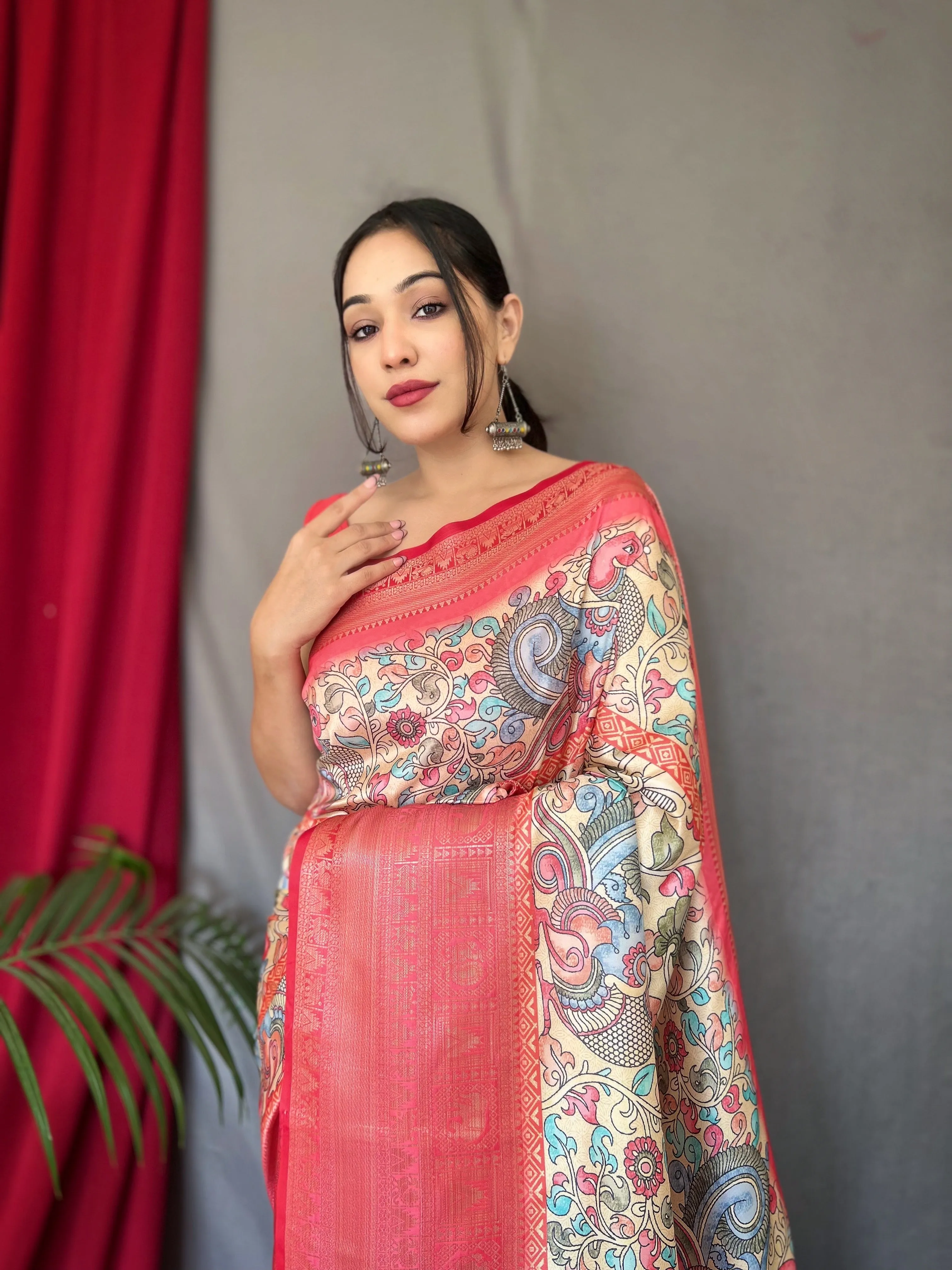 Ivory Cream Saree in Banarasi Silk Woven with Kalamkari Prints