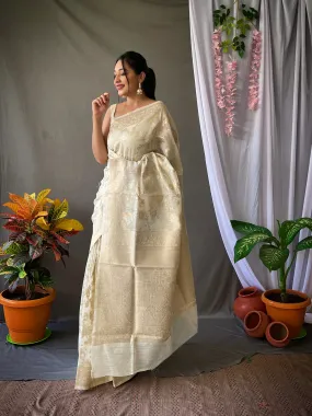 Ivory Saree in Pure Linen Silk