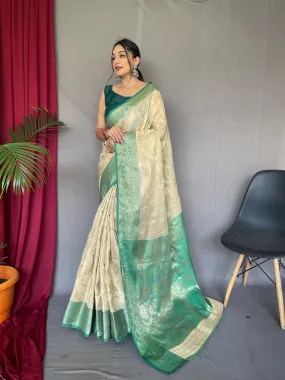 Ivory with Green Saree in Linen