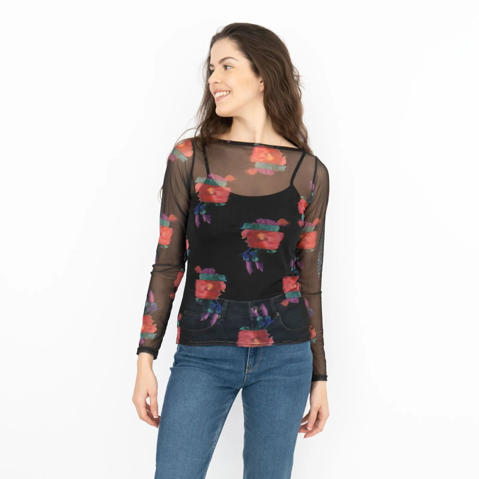 Karen Millen Black Floral Long Sleeve Boat Neck Mesh Top