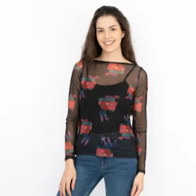 Karen Millen Black Floral Long Sleeve Boat Neck Mesh Top