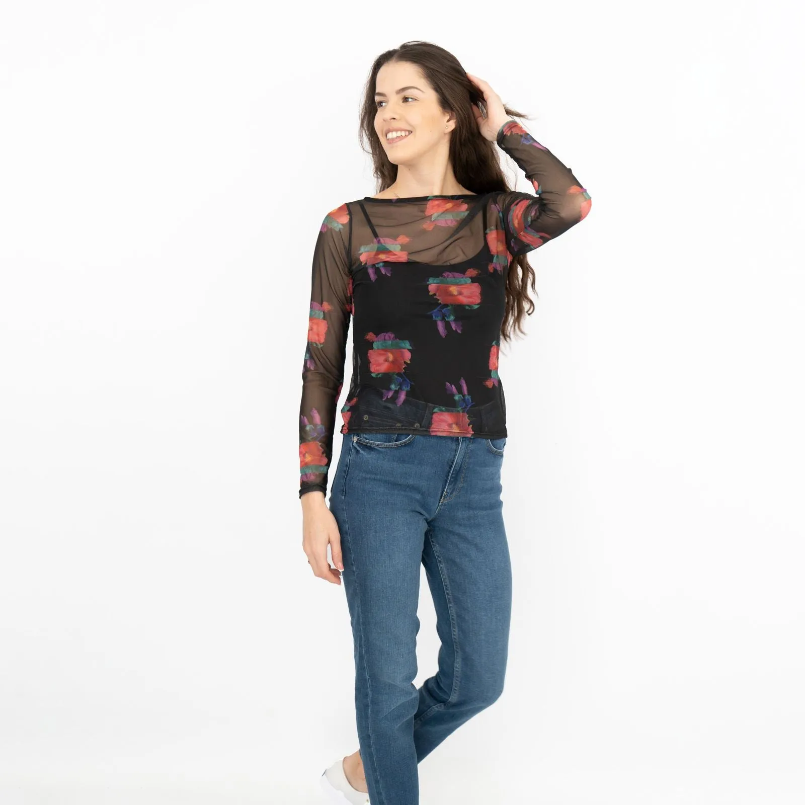 Karen Millen Black Floral Long Sleeve Boat Neck Mesh Top