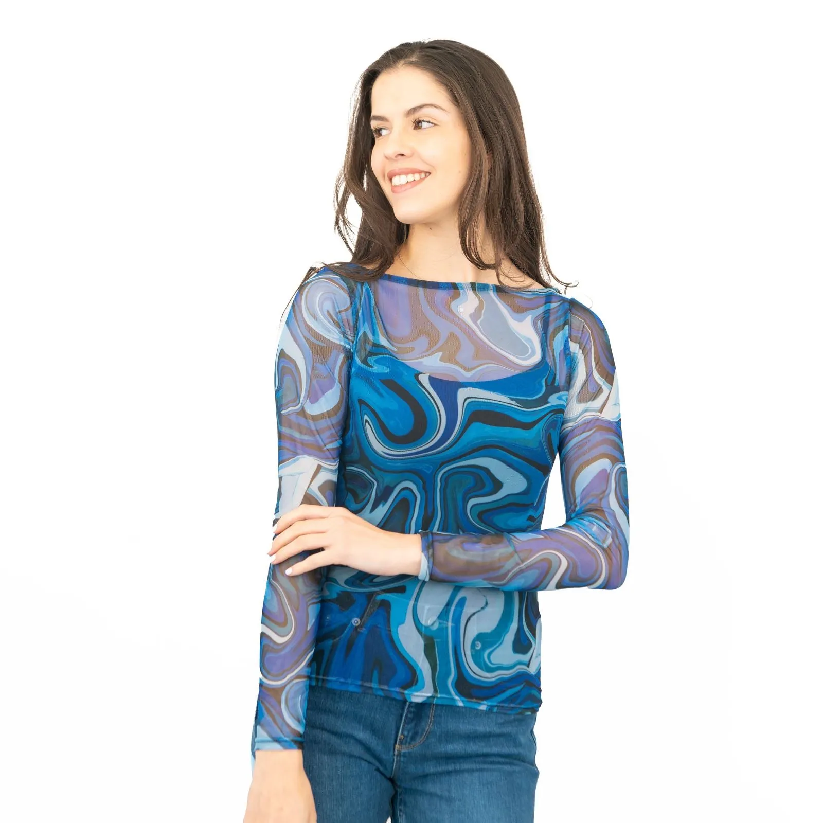 Karen Millen Blue Abstract Print Long Sleeve Mesh Tops