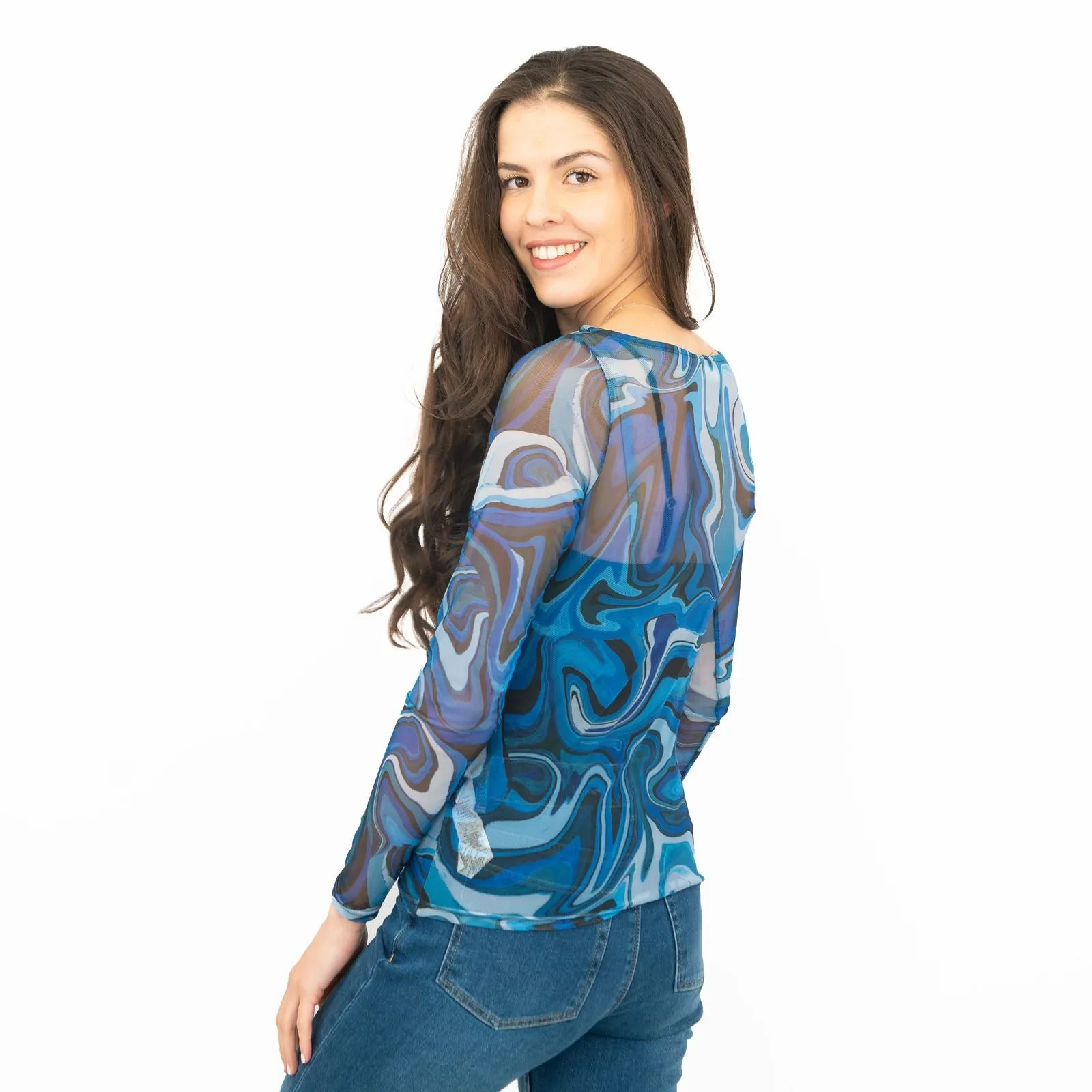 Karen Millen Blue Abstract Print Long Sleeve Mesh Tops