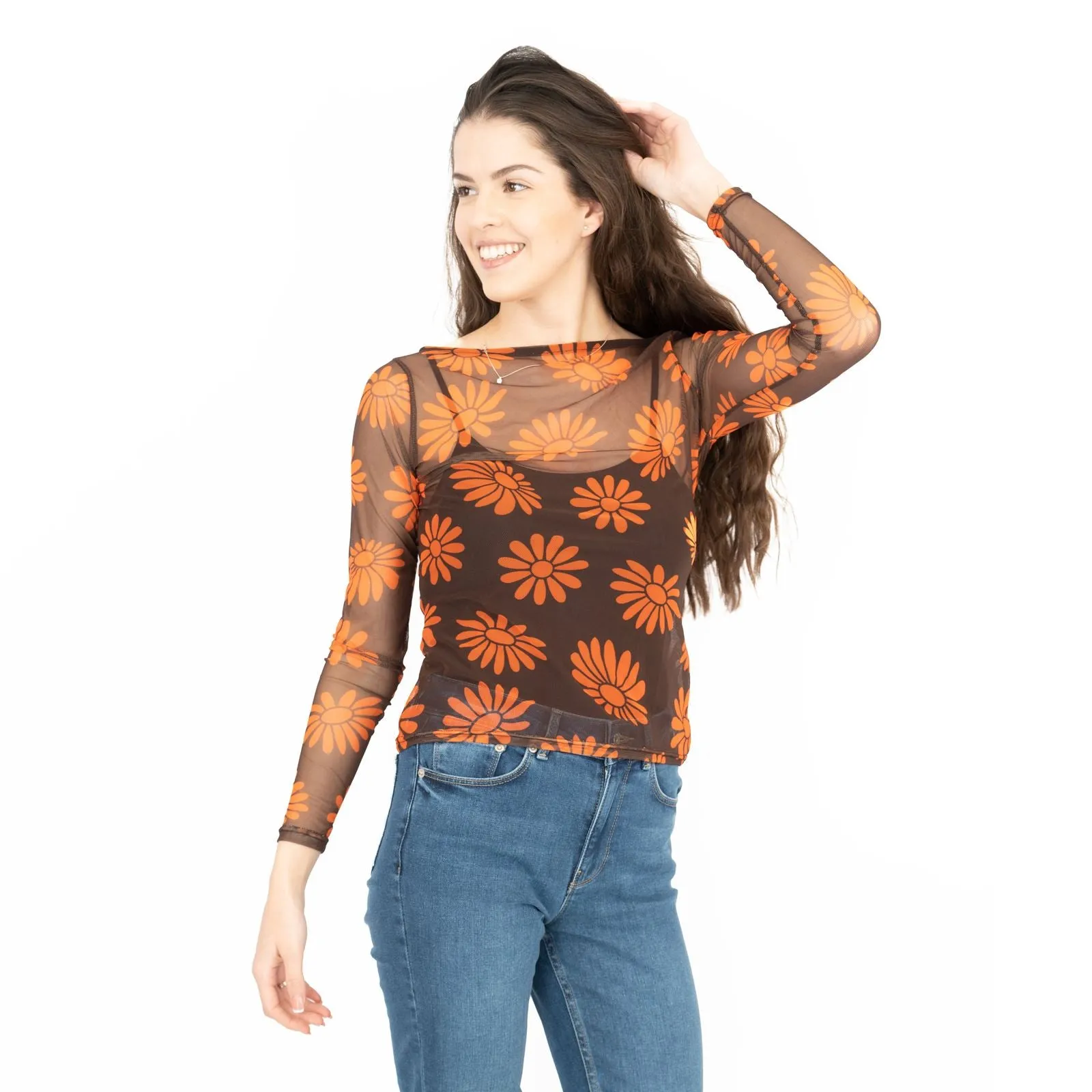 Karen Millen Floral Brown & Orange Boat Neck Long Sleeve Mesh Tops