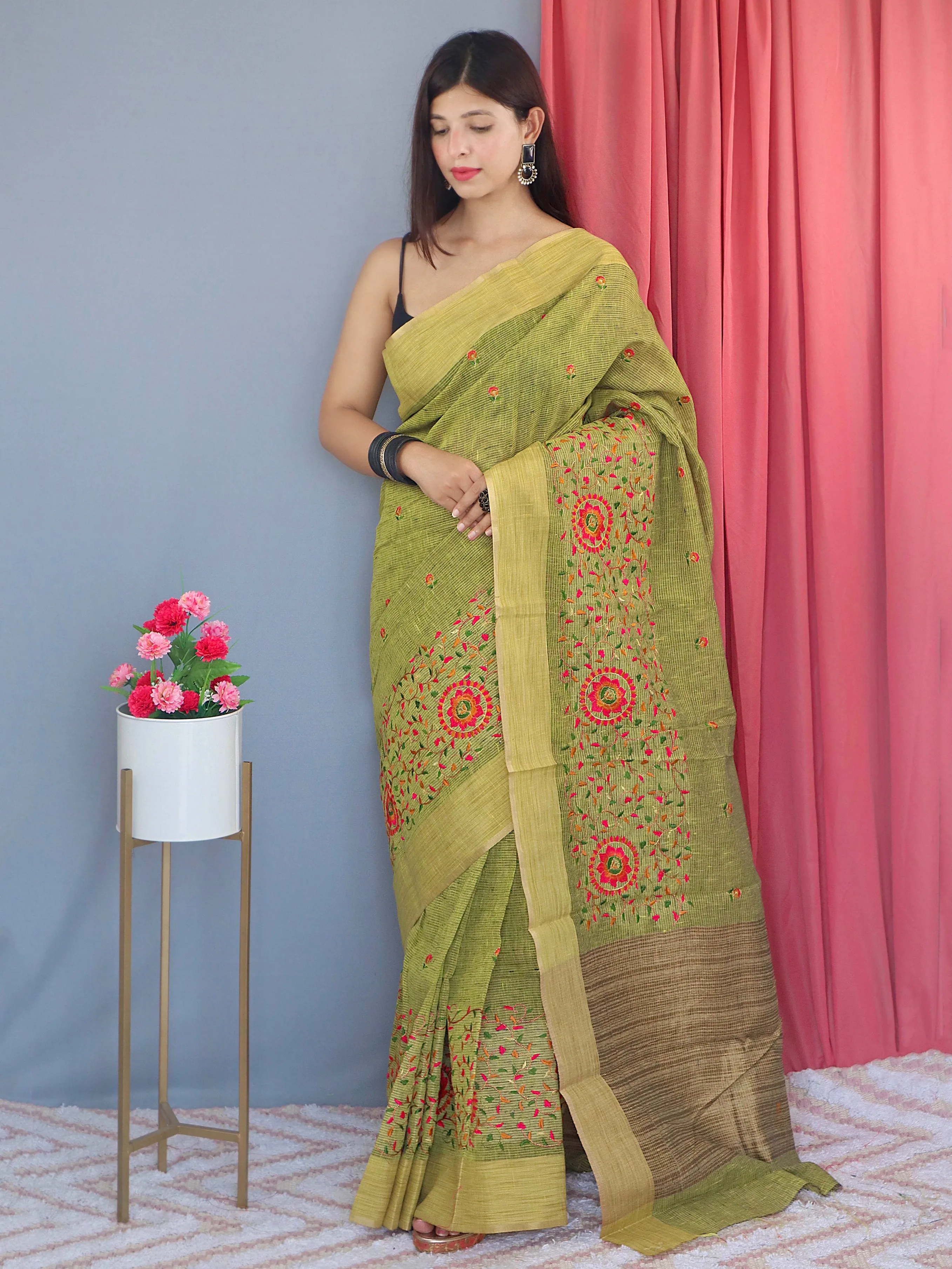 Khaki Green Saree in Cotton Linen Multicolor Threadwork Embroidered