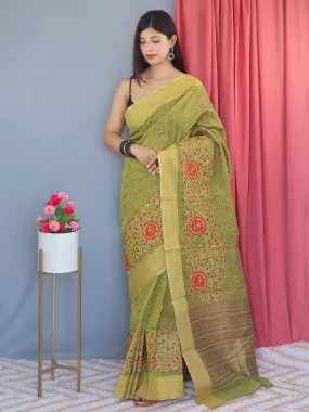 Khaki Green Saree in Cotton Linen Multicolor Threadwork Embroidered