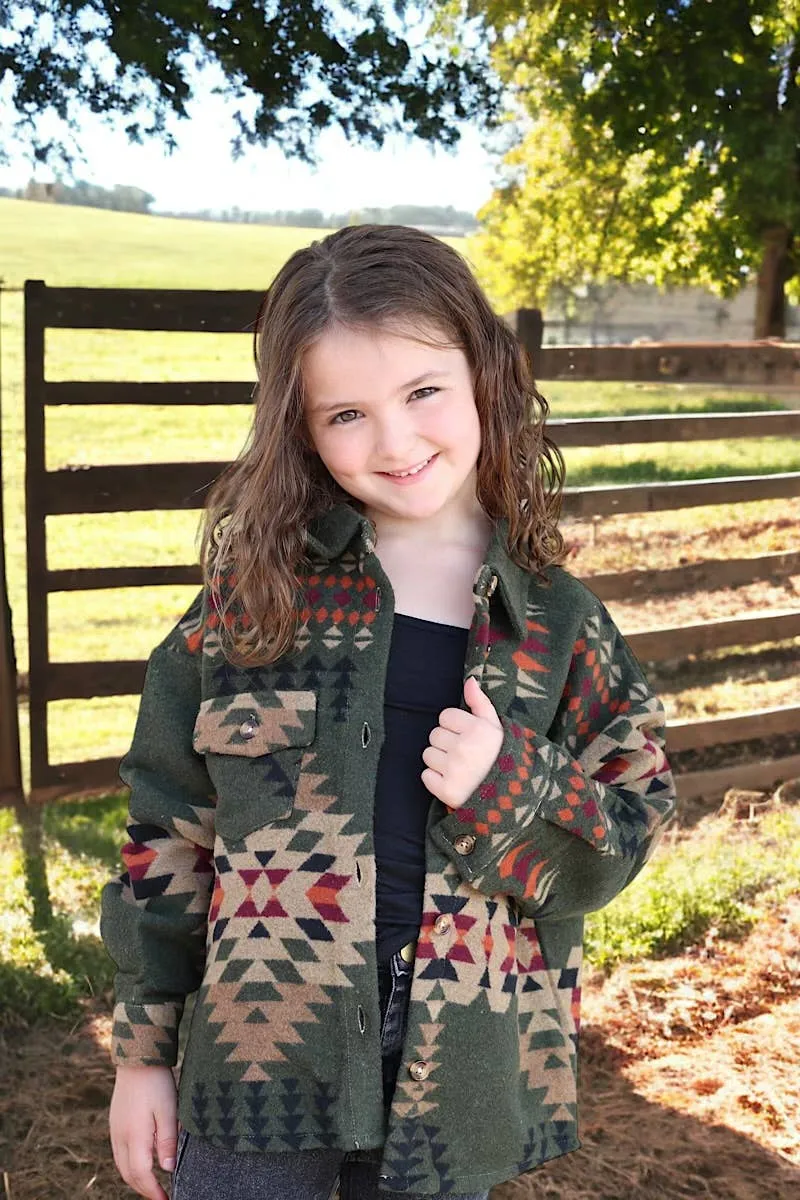 Kids Olive Green Aztec Printed Shacket