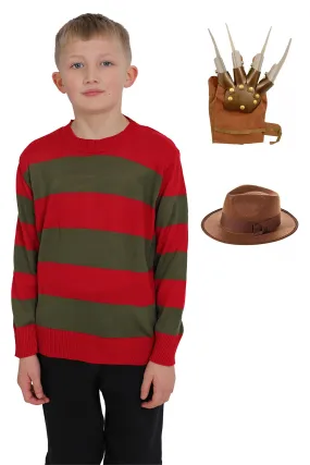 Kids Red and Green Knitted Jumper, Hat & Claw Glove Costume Set - Halloween Fancy Dress, Horror Cosplay Outfit, Striped Sweater with Matching Beanie Hat and Claw Gloves