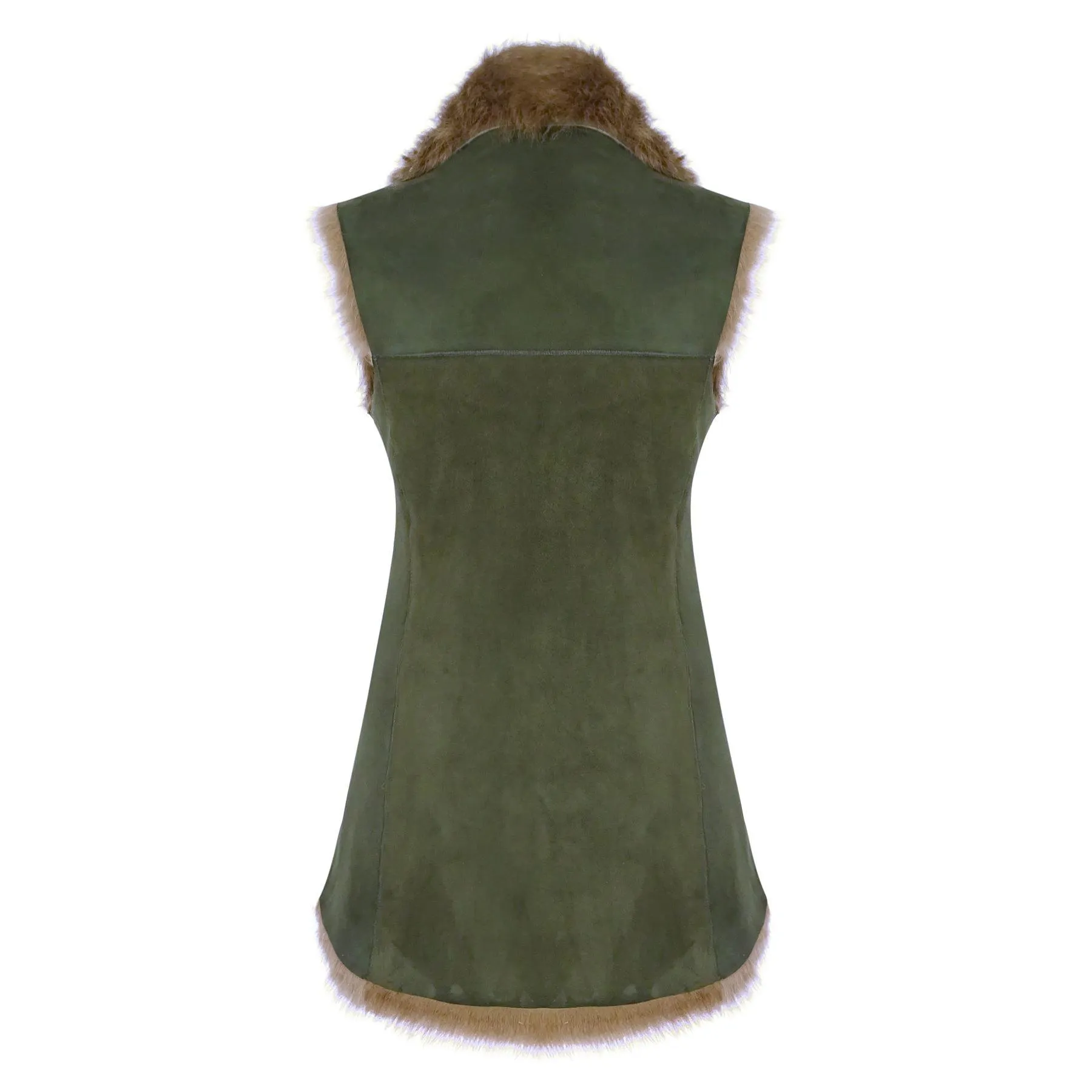 Ladies Women Real Spanish Shearling Sheepskin Toscana Olive Long Waistcoat Gilet