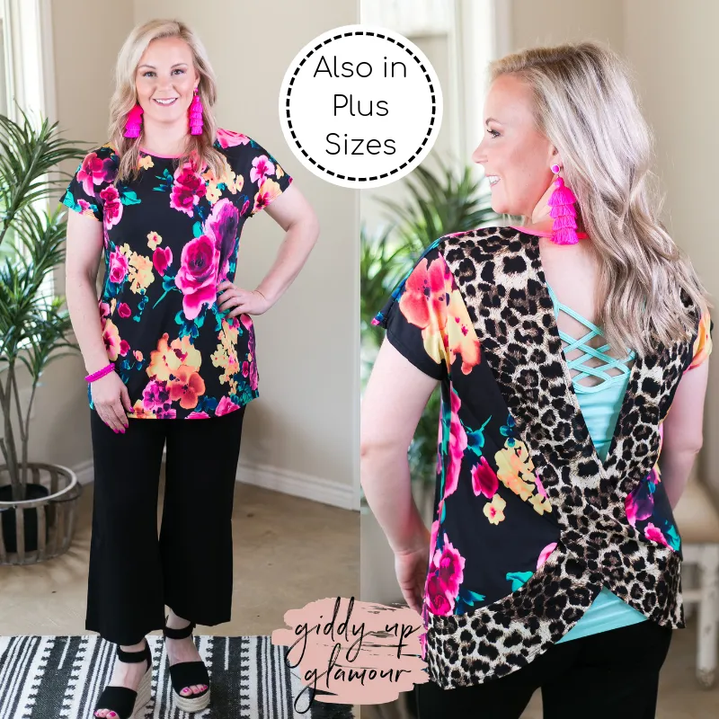 Last Chance Size Small | Got Your Back Neon Floral Short Sleeve Top with Leopard Print Open Back