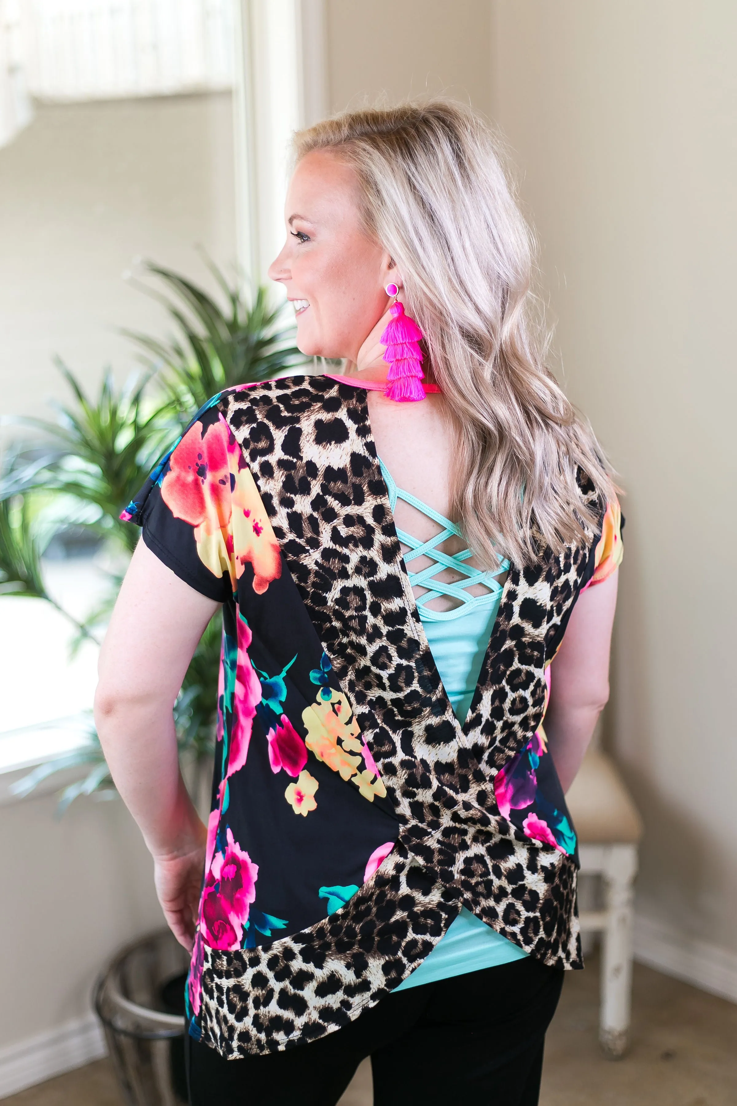 Last Chance Size Small | Got Your Back Neon Floral Short Sleeve Top with Leopard Print Open Back