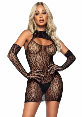 Leg Avenue Leopard Net Keyhole Dress and Matching Gloves