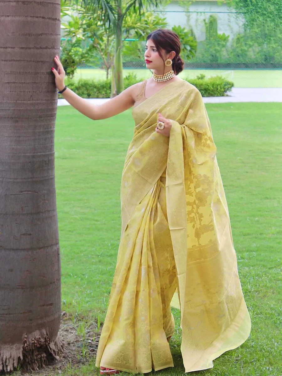 Lemon Yellow Saree in Linen Silk